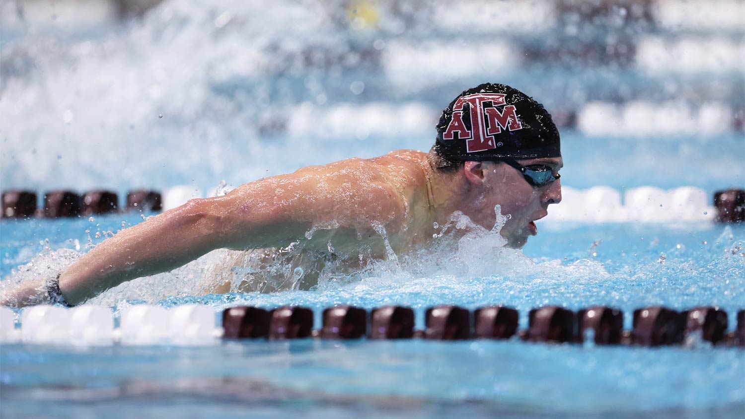 A Texas A&M swimmer comes up for breath during the race