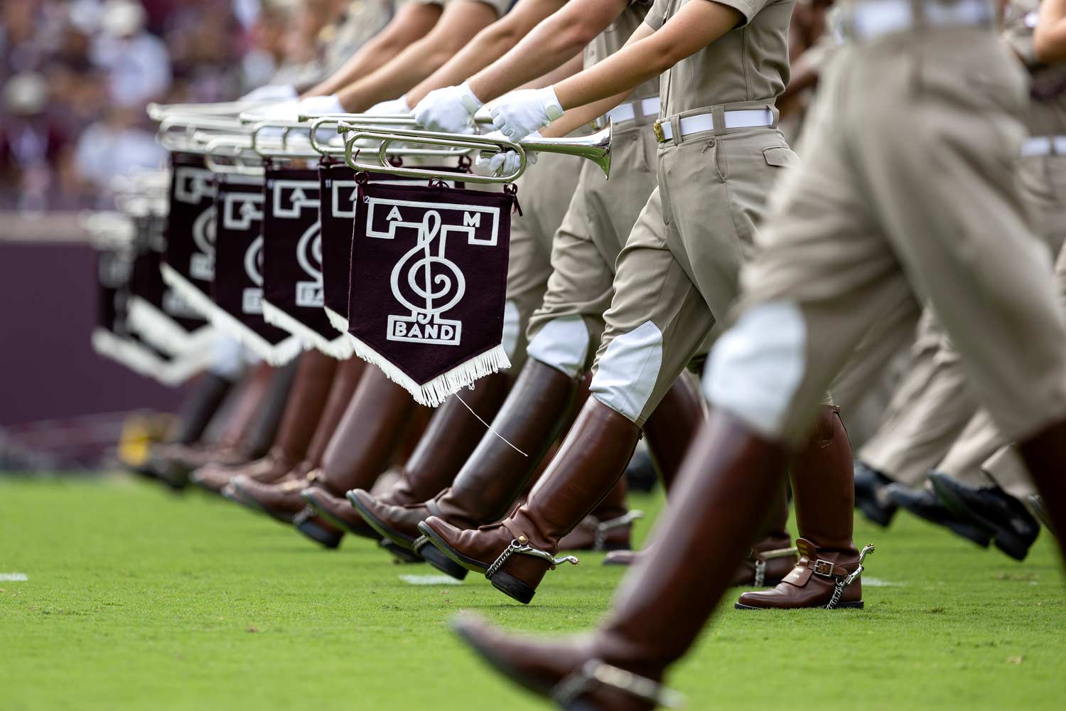 the Fightin' Texas 91短视频 band marches on field for their halftime performance in Kyle Field