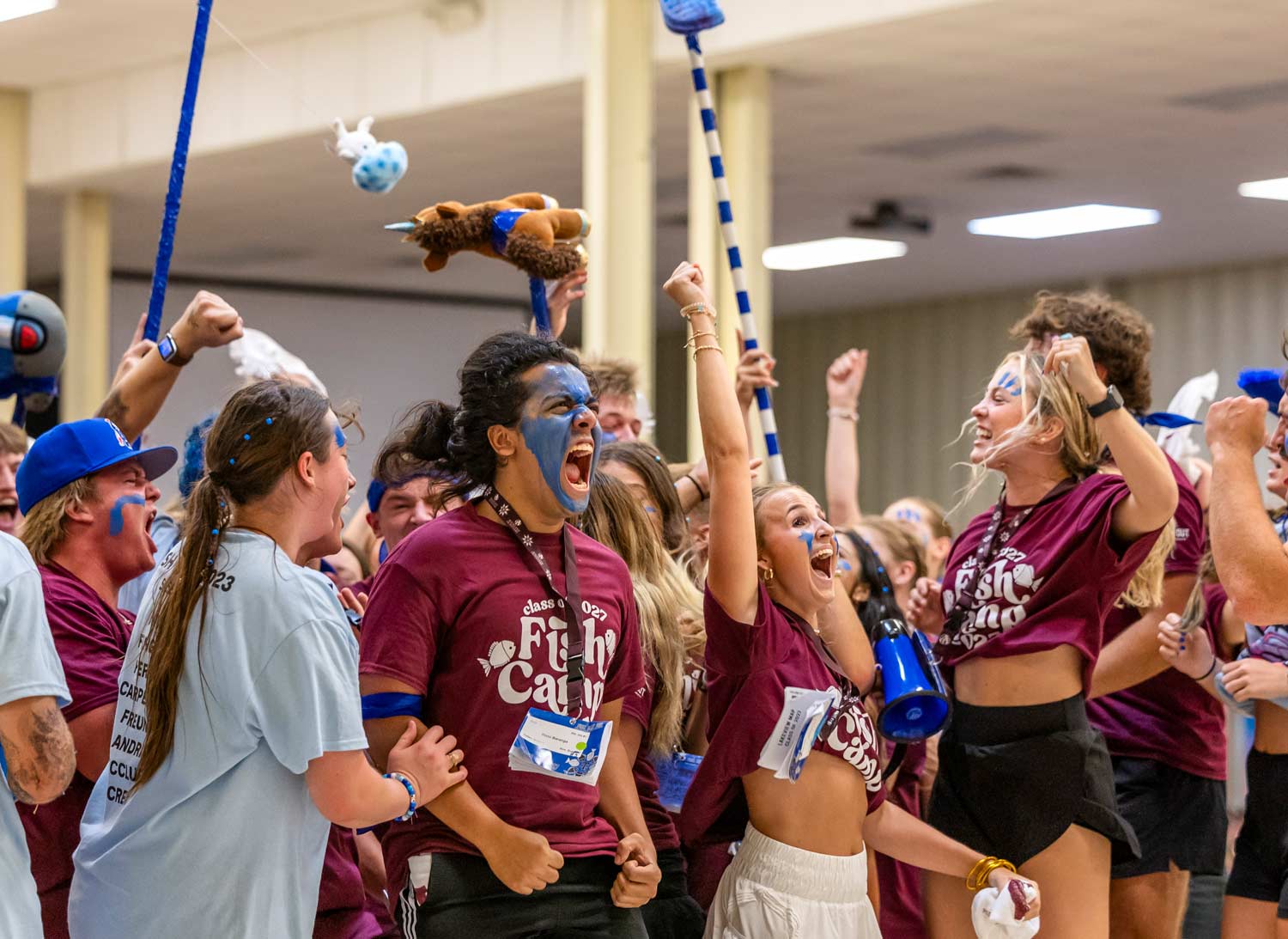 Fish Camp counselors and students participate in the yell-off at camp